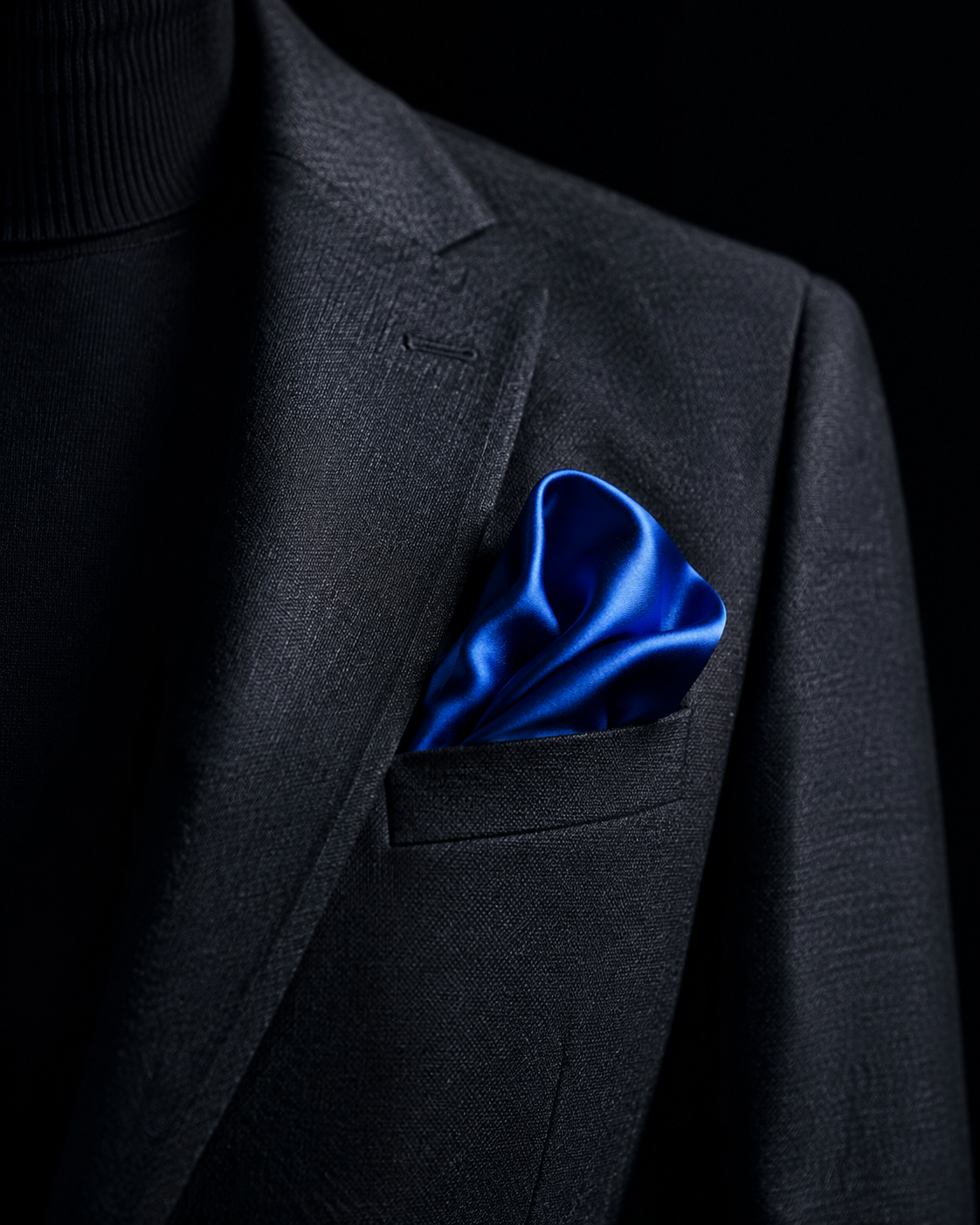 A cobalt pocket square in a charcoal tailored jacket